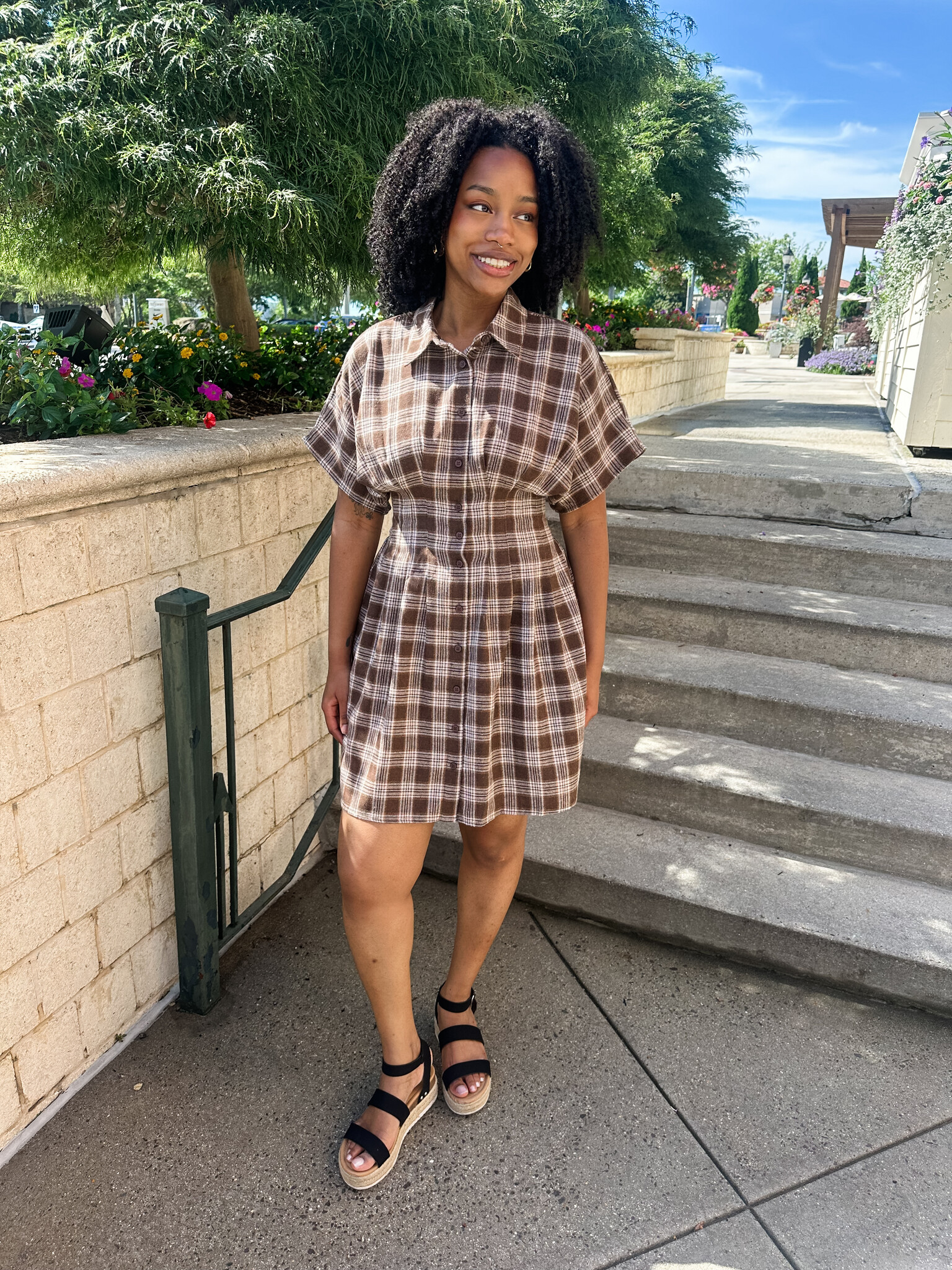 brown and white plaid dress Made For You Light Brown Plaid Smocked Ruffle Midi Dress Medium