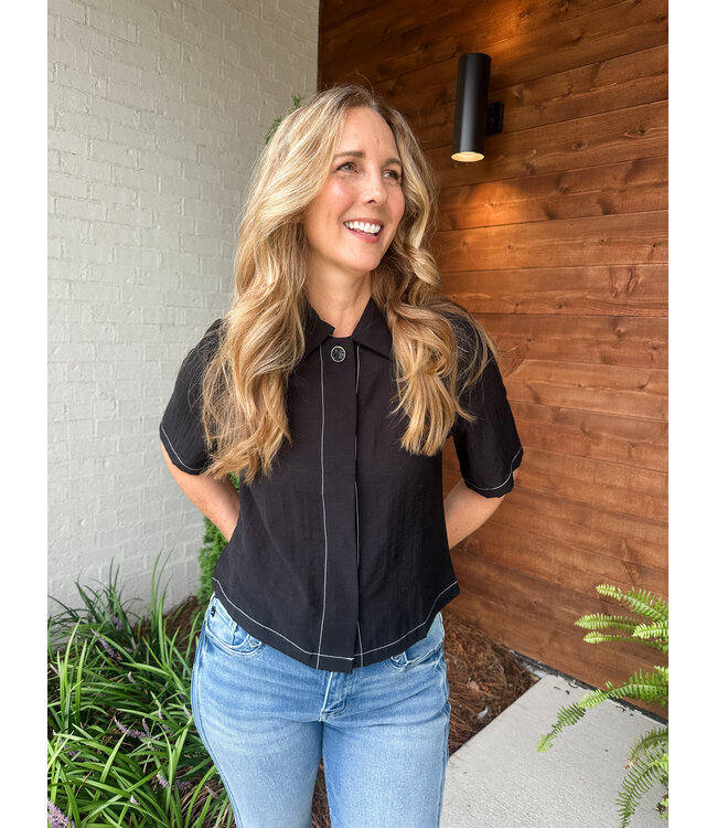CONTRAST DETAIL LINEN TOP