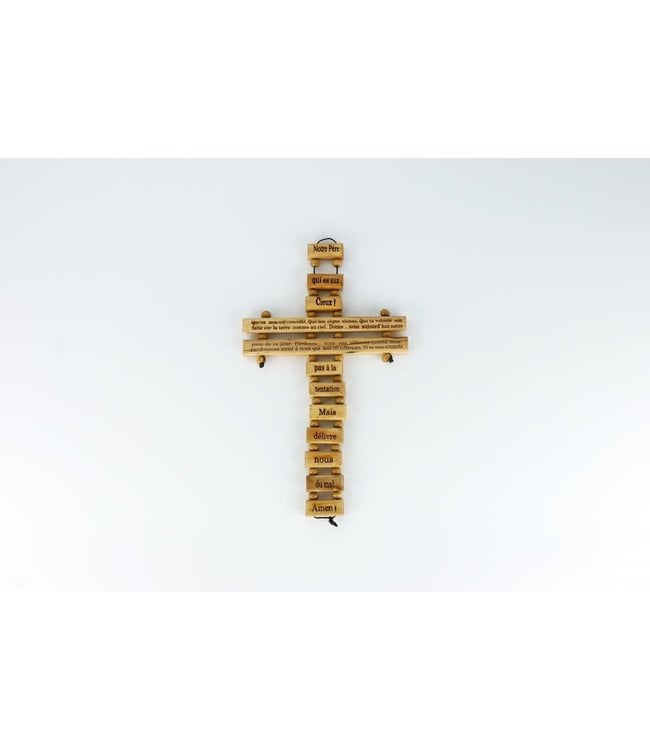 Olive wood cross with ''Notre Père'' prayer (24 cm)