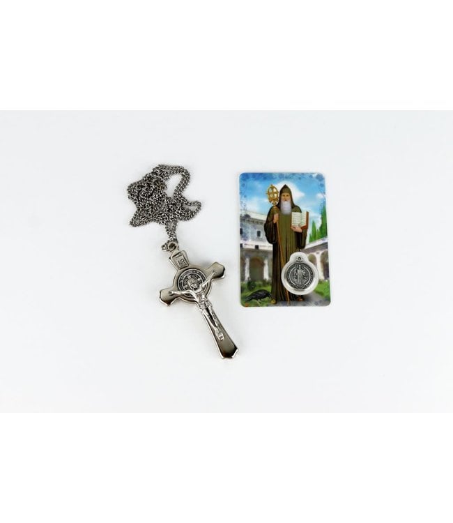 Saint Benedict silver colored cross with chain and prayer card with medal