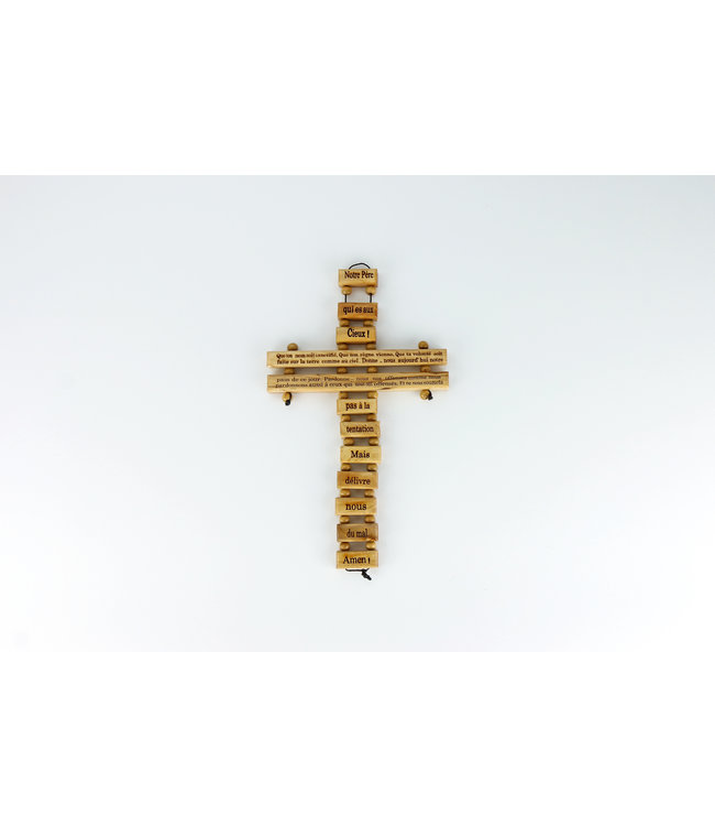 Olive wood cross with ''Notre Père'' prayer (34 cm)