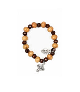 Two-tone olive wood bracelet with cross and medal