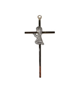 Golden metal baptism cross with praying girl