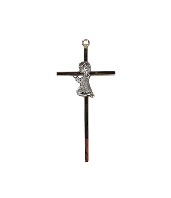Golden metal baptism cross with praying girl