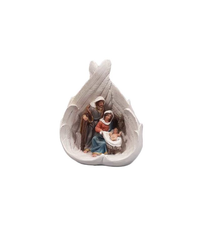 Nativity wrapped with white wings in color resin