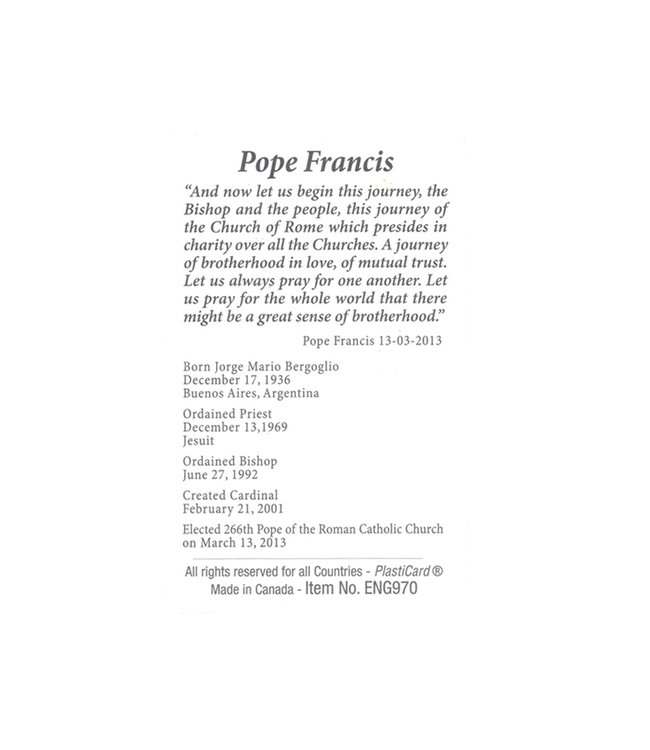 Carte avec prière en anglais, Pape François
