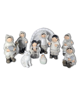 Inuit nativity with igloo in white and beige resin 10 pcs