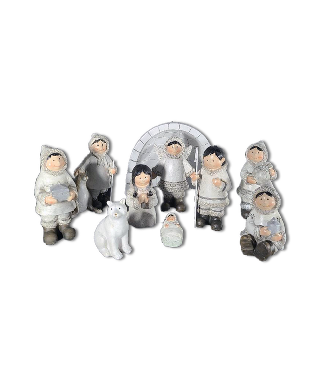 Inuit nativity with igloo in white and beige resin 10 pcs