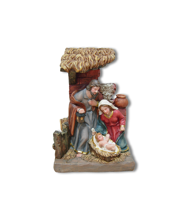 Nativité et étable en brique en résine couleur  rehaut doré style classique