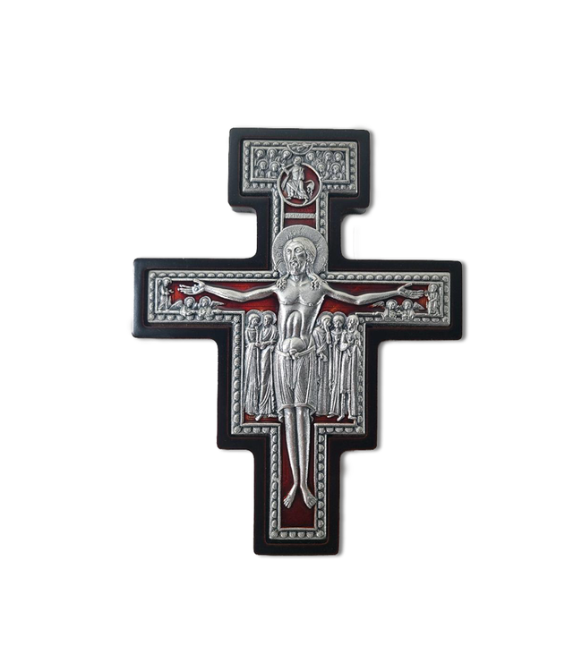 Wooden St Damiano Cross on a base with embossed metal