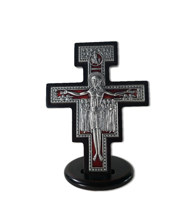 Wooden St Damiano Cross on a base with embossed metal