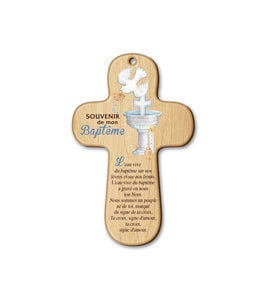Wooden  baptism cross with prayer (French)