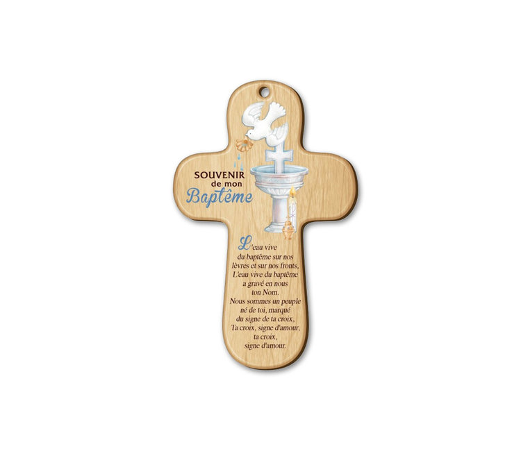 Wooden baptism cross with prayer (French)