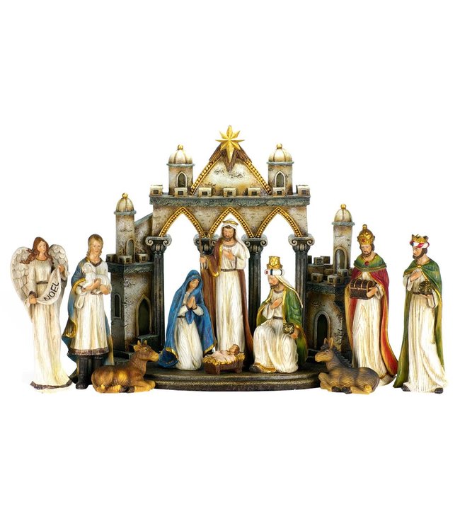 Renaissance nativity with 3 arches cowshed