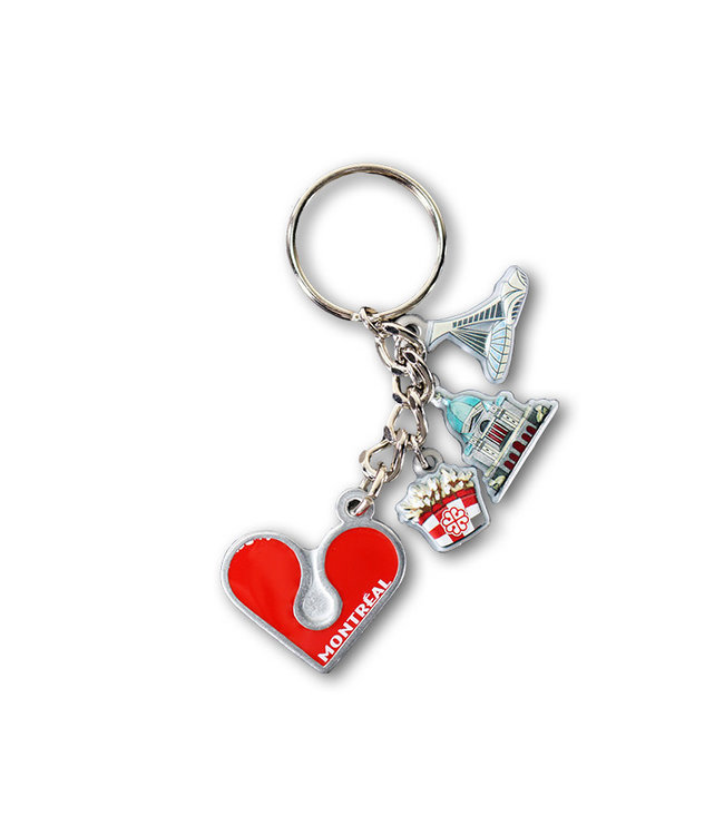 Key chain with charms of Montreal (Saint Joseph's Oratory -Olympic Stadium-Poutine-heart)