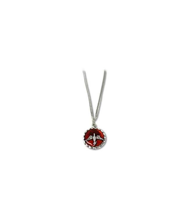 Pendant: Red enamelled Confirmation medal,20mm pewter chain 24''