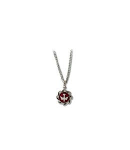 Pendant : Red enameled Confirmation medal with scrolls in pewter chain 18''