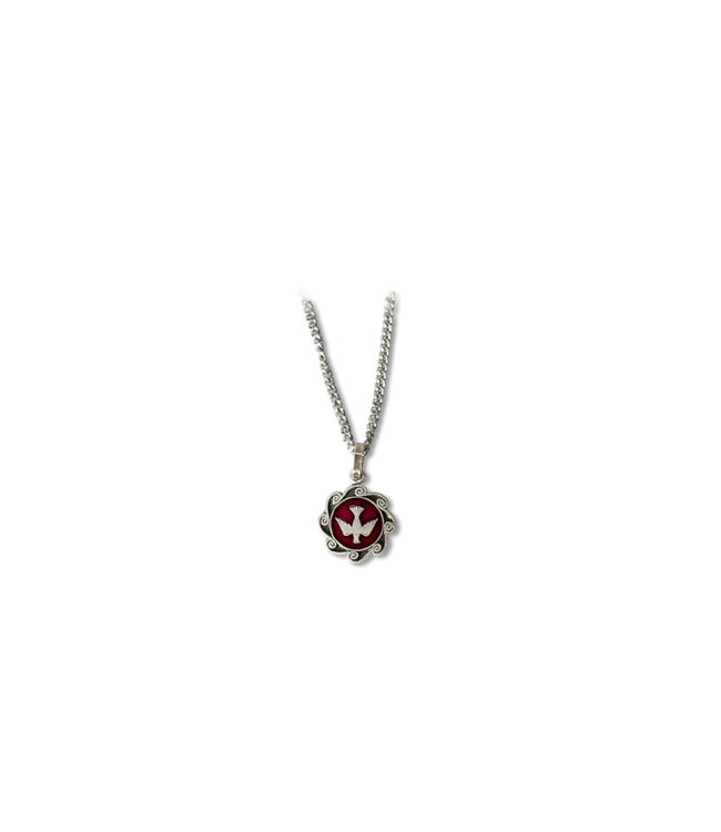 Pendant : Red enameled Confirmation medal with scrolls in pewter chain 18''