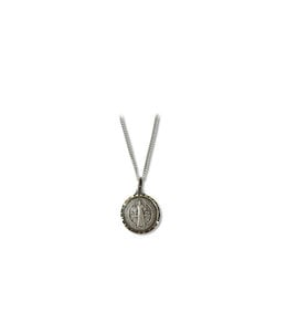 Pendentif : Médaille de Saint Benoît 23mm dentelée en étain chaîne 24''