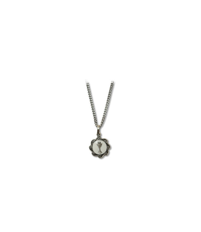 Pendant : White enameled First Communion medal with pewter chain 18''
