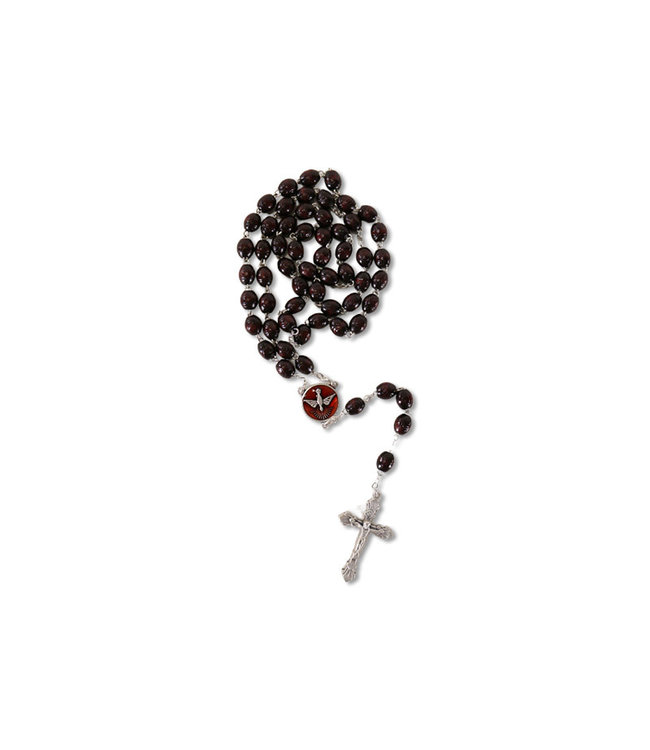 Confirmation dark wood rosary with red enameled pewter medal of Holy Spirit