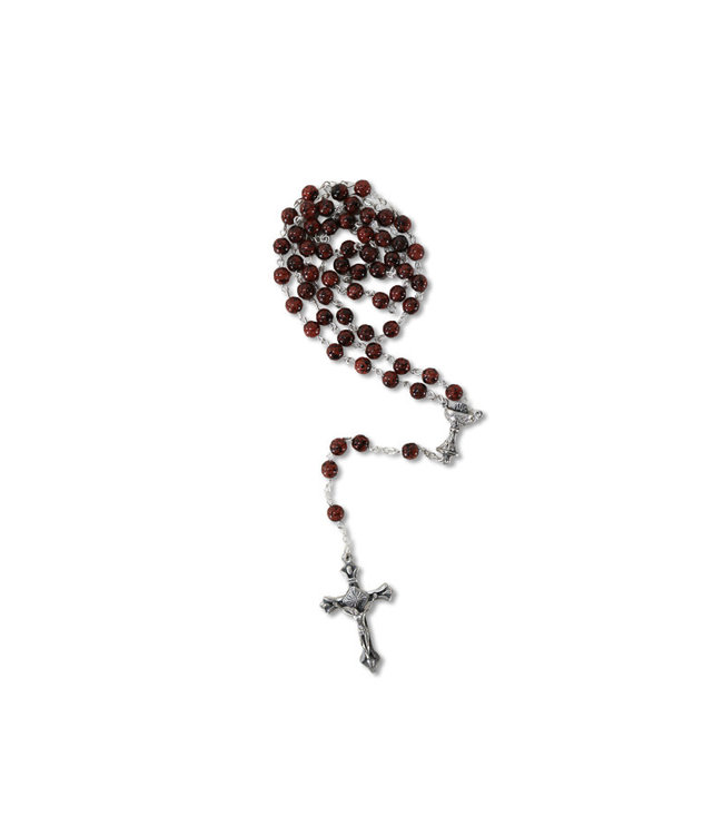1st Communion rosary with red brick beads and pewter calice
