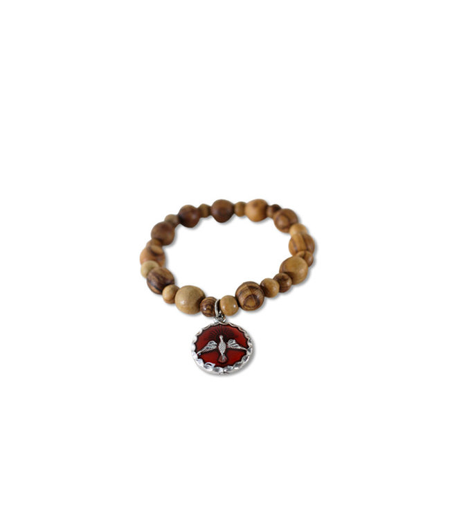 Confirmation olive wood bracelet with Holy Spirit enamelled red medal (elastic)