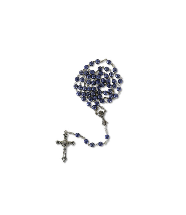 1st Communion blue metal rosary with pewter chalice