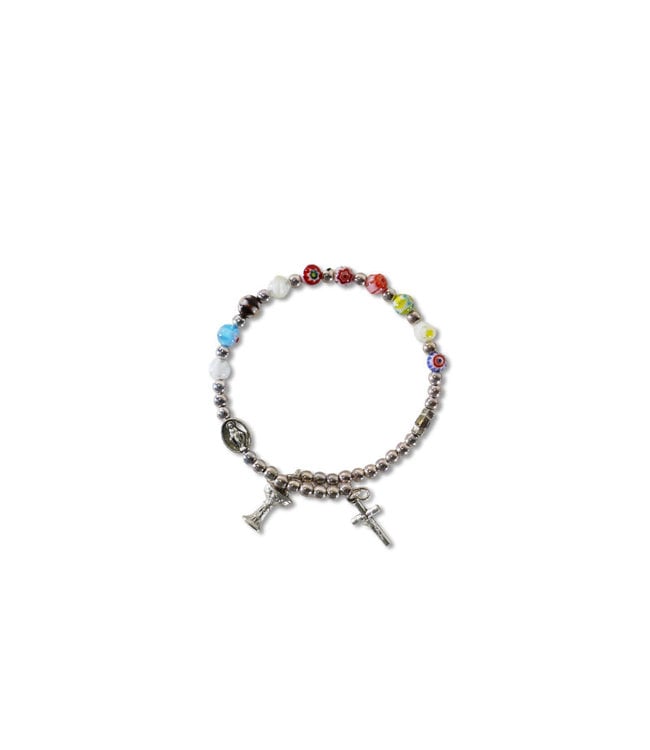 First Communion bracelet with multicolored Murano beads and a Miraculous medal, cross and chalice (wire)