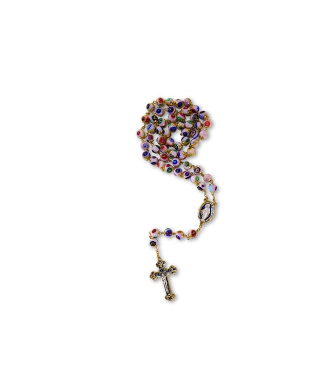 Venetian Murano pink glass rosary with gilded metal and enamelled cross & heart