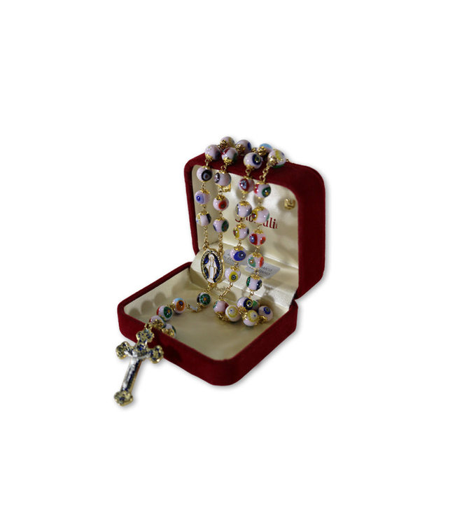 Venetian Murano pink glass rosary with gilded metal and enamelled cross & heart
