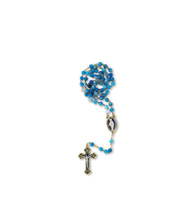 Agate rosary (turquoise) 6mm, gilded metal, enameled cross & heart