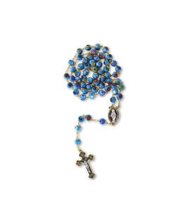 Venetian Murano aqua glass rosary with gilded metal and enamelled cross & heart