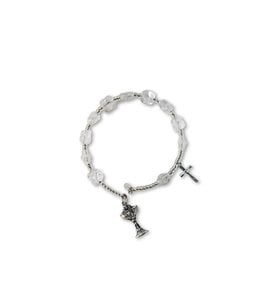 First Communion bracelet with crystal flower beads,chalice and cross (wire)