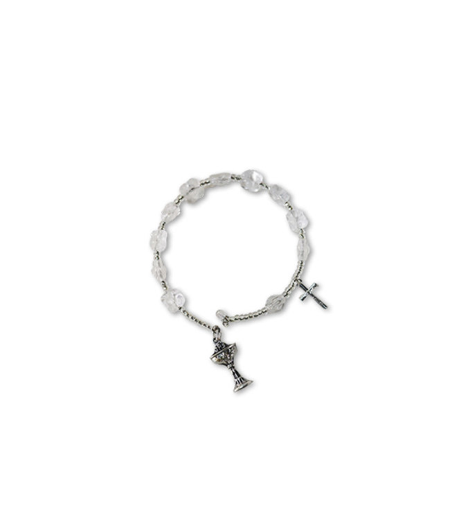 First Communion bracelet with crystal flower beads,chalice and cross (wire)