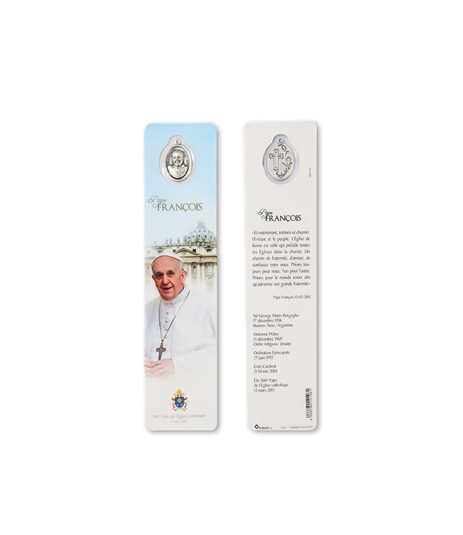 Bookmark with medal of Pope Francis light blue background (French)
