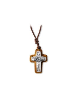 Pendant: Pope Francis cross wood and pewter 3.5cm cord