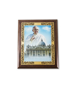 Cadre Pape Francois 9'' x 11'' image coul. sur bois 2 tons et frise végétale