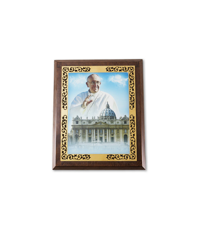 Pope Francis frame 9'' x 11'' colored picture on 2 tone wood and vegetal frieze