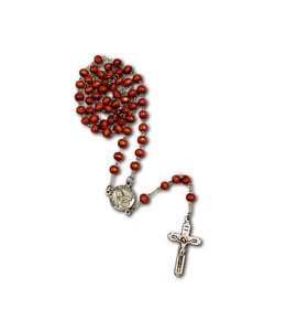 Wooden rosary on silver chain with a relic of St. Kateri and a modern corpus cross