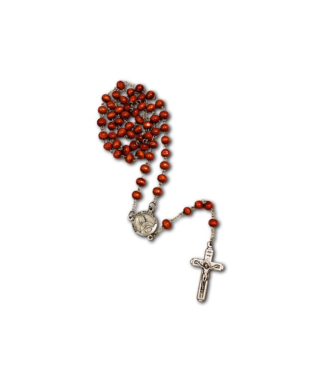 Wooden rosary on silver chain with a relic of St. Kateri and a modern corpus cross