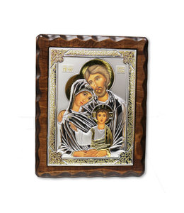Icône de la sainte Famille en métal embossé argent et or sur bois