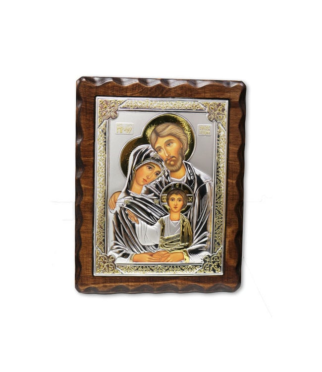 Icon of the Holy Family in silver and gold embossed metal on wood