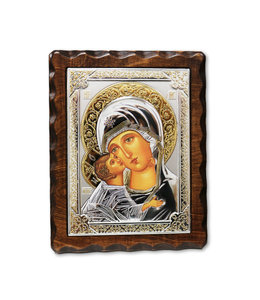 Icône Vierge de la Tendresse en métal embossé argent et or sur bois visages en couleur