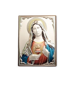 Sacred Heart of Mary silver plated embossed metal plaque on wood