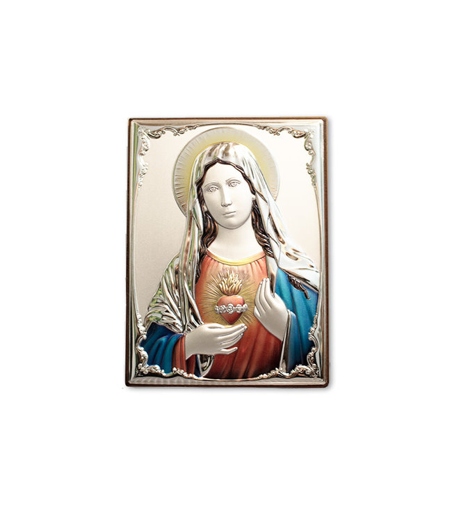 Sacred Heart of Mary silver plated embossed metal plaque on wood vestments colors