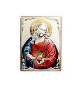 Sacred Heart of Jesus plaque embossed metal silver plated on wood