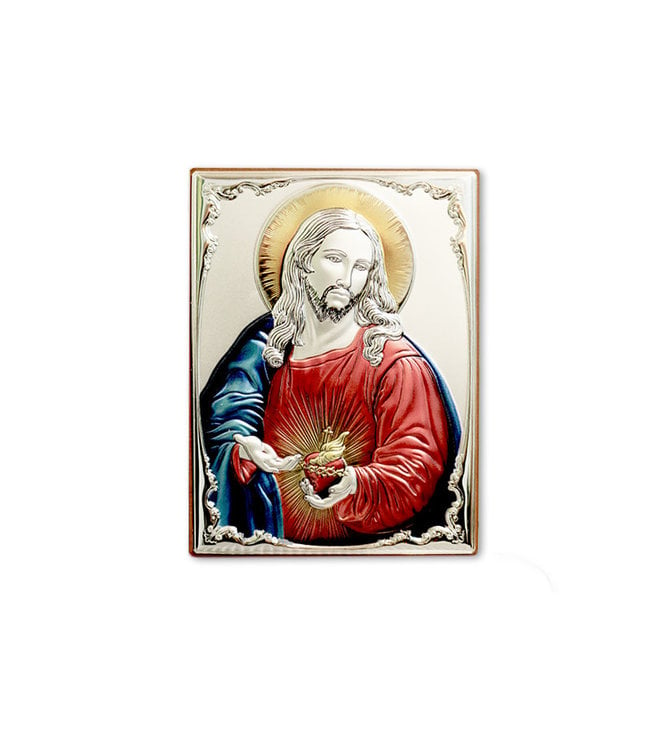 Sacred Heart of Jesus plaque embossed metal silver plated on wood clothing colors