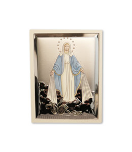 Plaque Vierge Miraculeuse en métal embossé plaqué argent sur bois