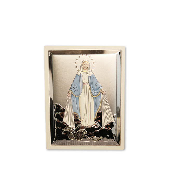 Silver plated embossed metal Miraculous Virgin plate on white wood with color highlights